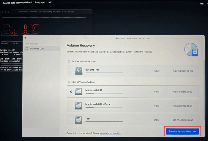Seleziona il volume sul disco rigido del tuo Mac